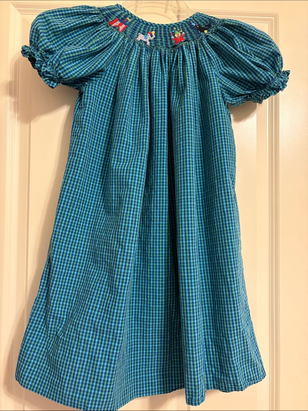 Smocked Girls' Blue Green Gingham Dress